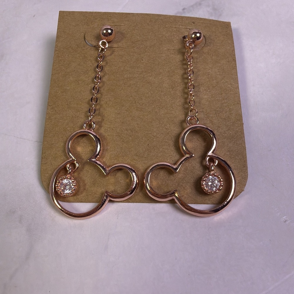 Disney Mickey Mouse Head Rose Gold Tone w/Rhinestone 1.5" Drop Hanging Earrings